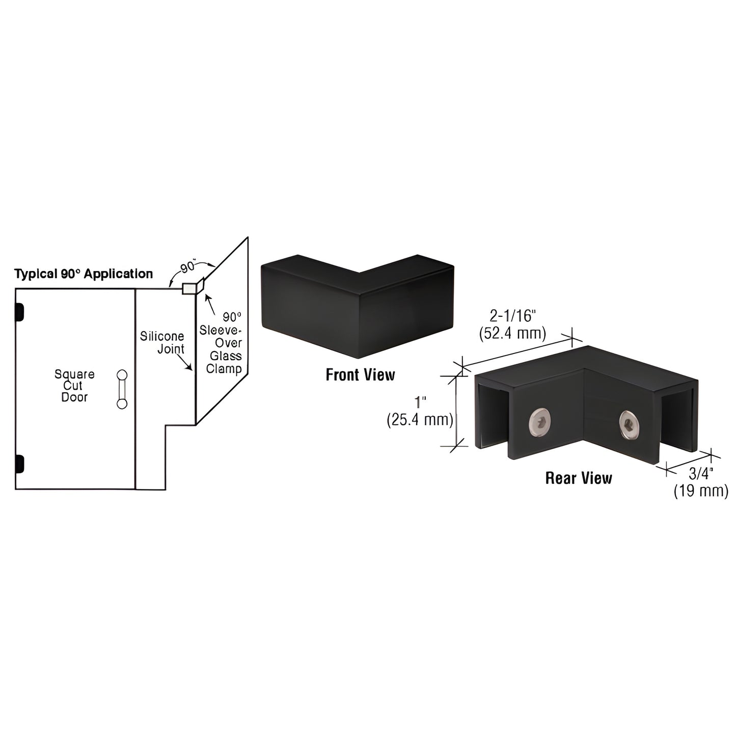 Matte black solid-brass 90 sleeve-over glass clamp for 8-12 mm tempered glass, SKU S0GC90MBL