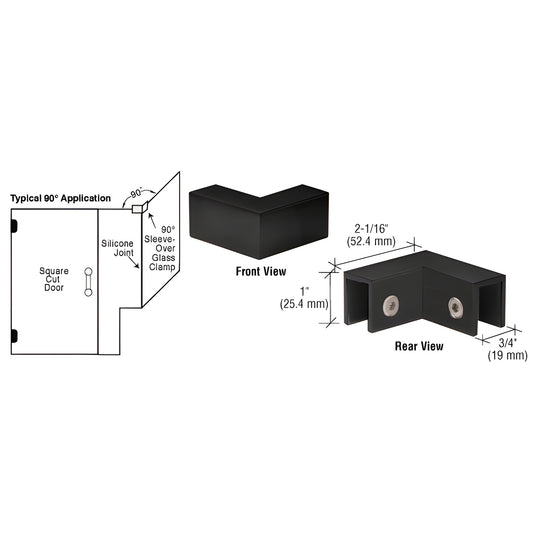 Matte black solid-brass 90 sleeve-over glass clamp for 8-12 mm tempered glass, SKU S0GC90MBL
