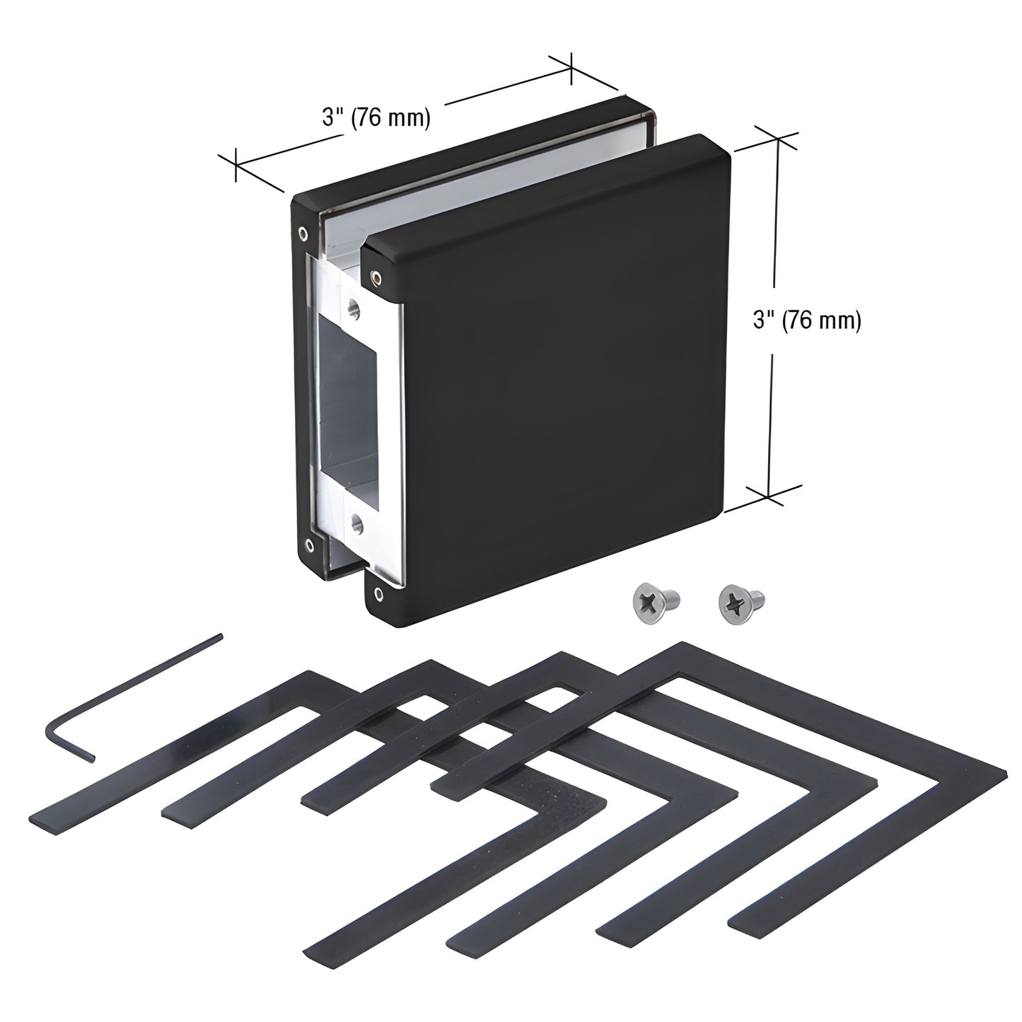 Matte black glass-mounted keeper AMR901MBL for 3/8-1/2 tempered glass, 3 high, shown with gaskets, screws and template