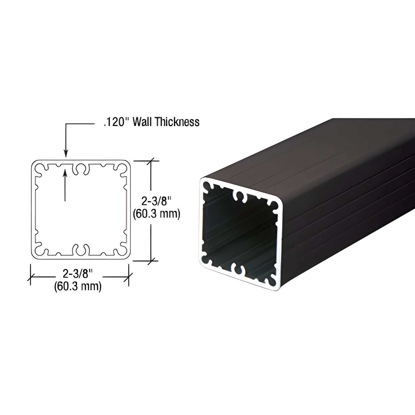 Matte black 2-3/8" square aluminum fascia post, extruded internal channels, 53" length - SKU 1FP42BL