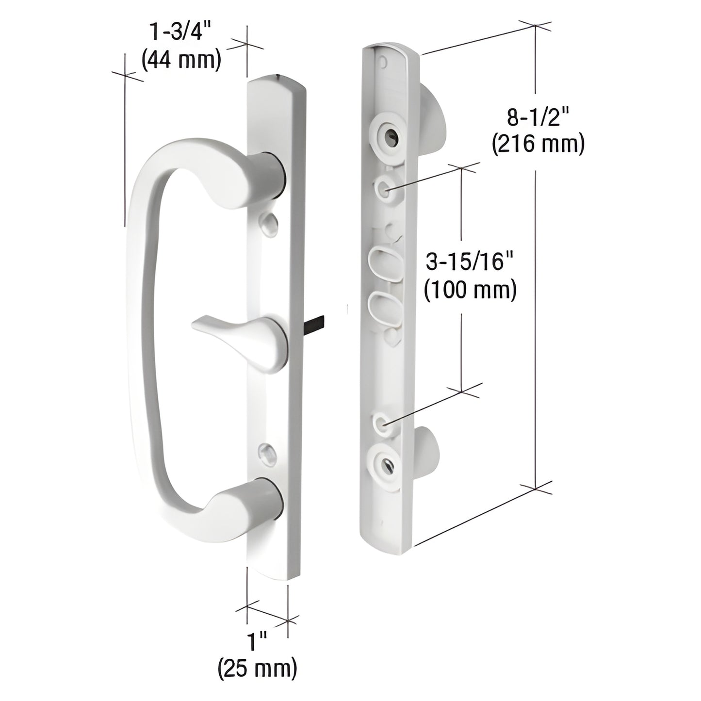 White surface-mounted mortise-style aluminum handle set with centered thumbturn, 8-1/2" length, SKU C1317.
