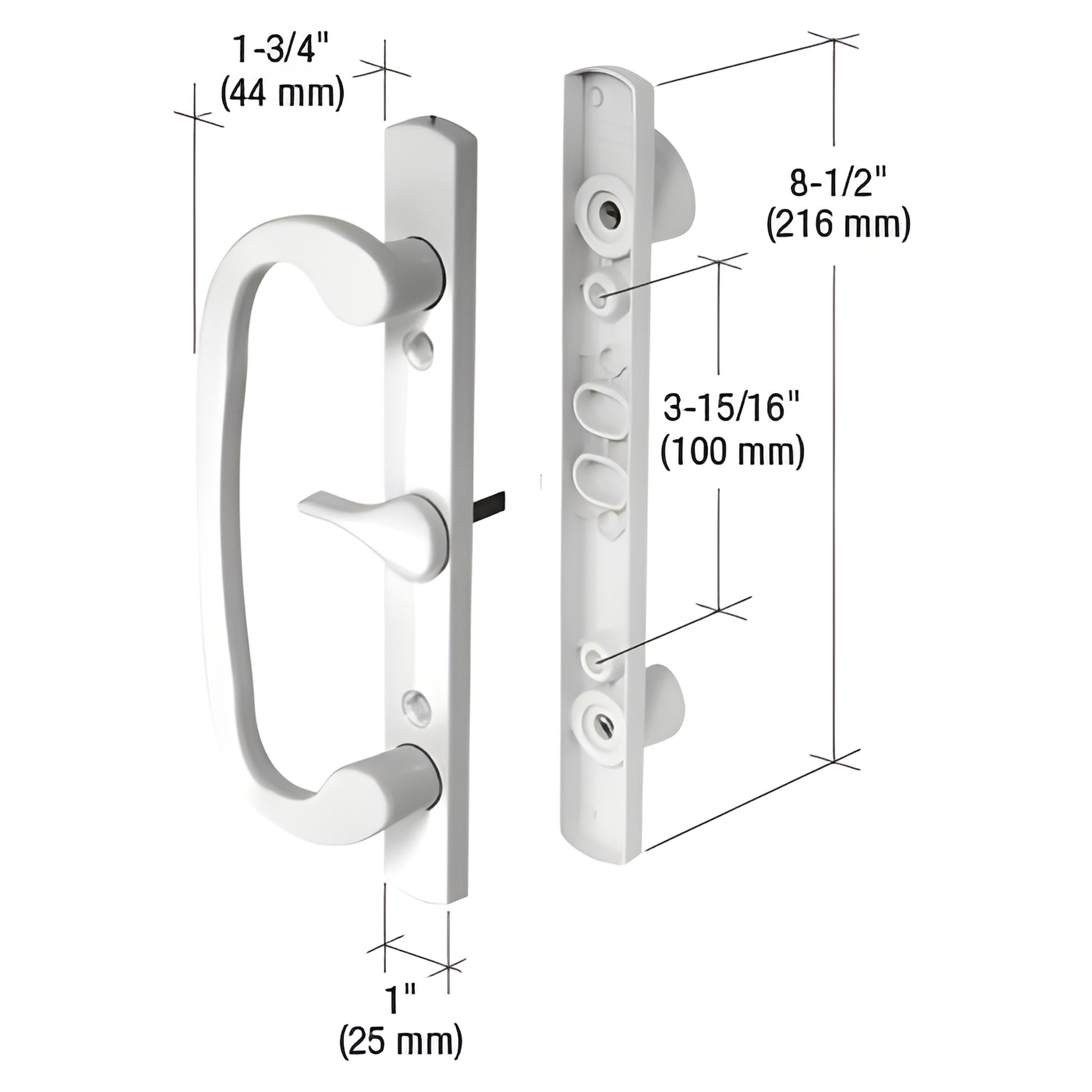 White surface-mounted mortise-style aluminum handle set with centered thumbturn, 8-1/2" length, SKU C1317.