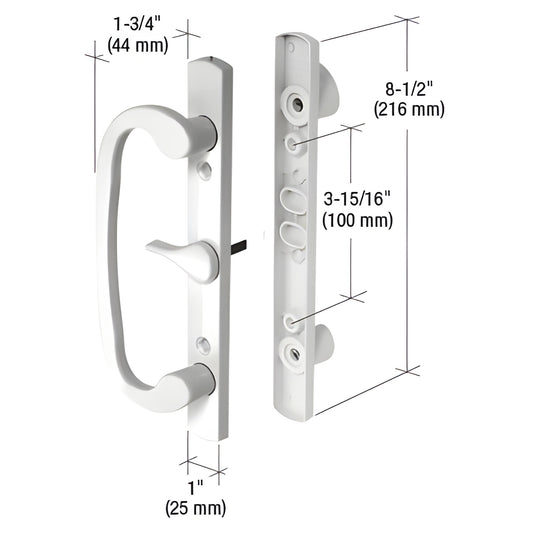 White surface-mounted mortise-style aluminum handle set with centered thumbturn, 8-1/2" length, SKU C1317.