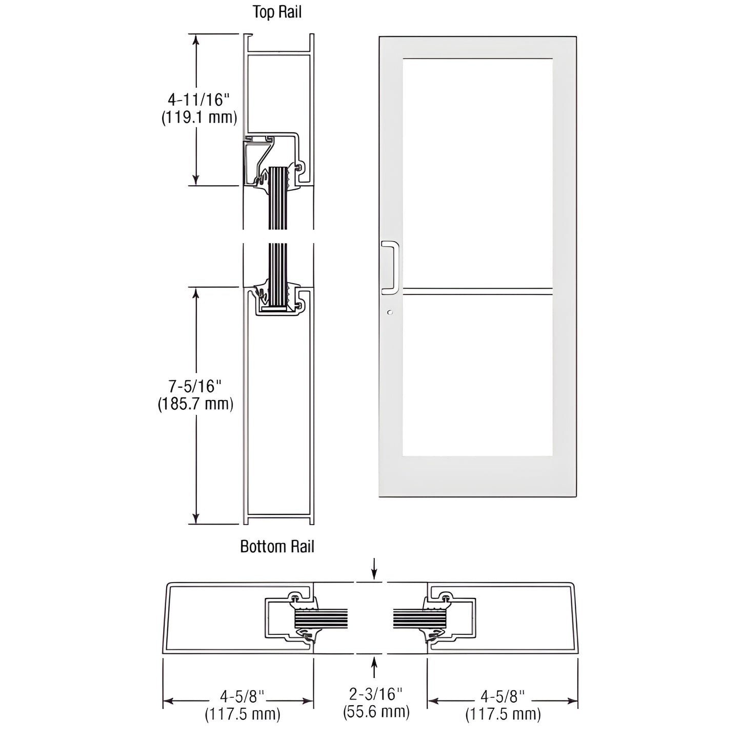 CRL medium-stile white Kynar impact entrance door with large glass panel, mid rail, prepped for hinges and lock - SKU SF41852
