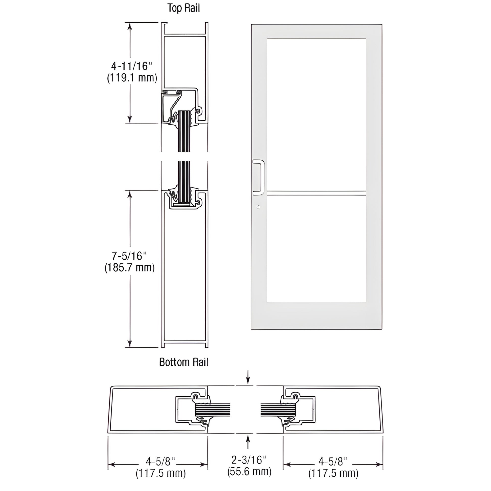 CRL medium-stile white Kynar impact entrance door with large glass panel, mid rail, prepped for hinges and lock - SKU SF41852