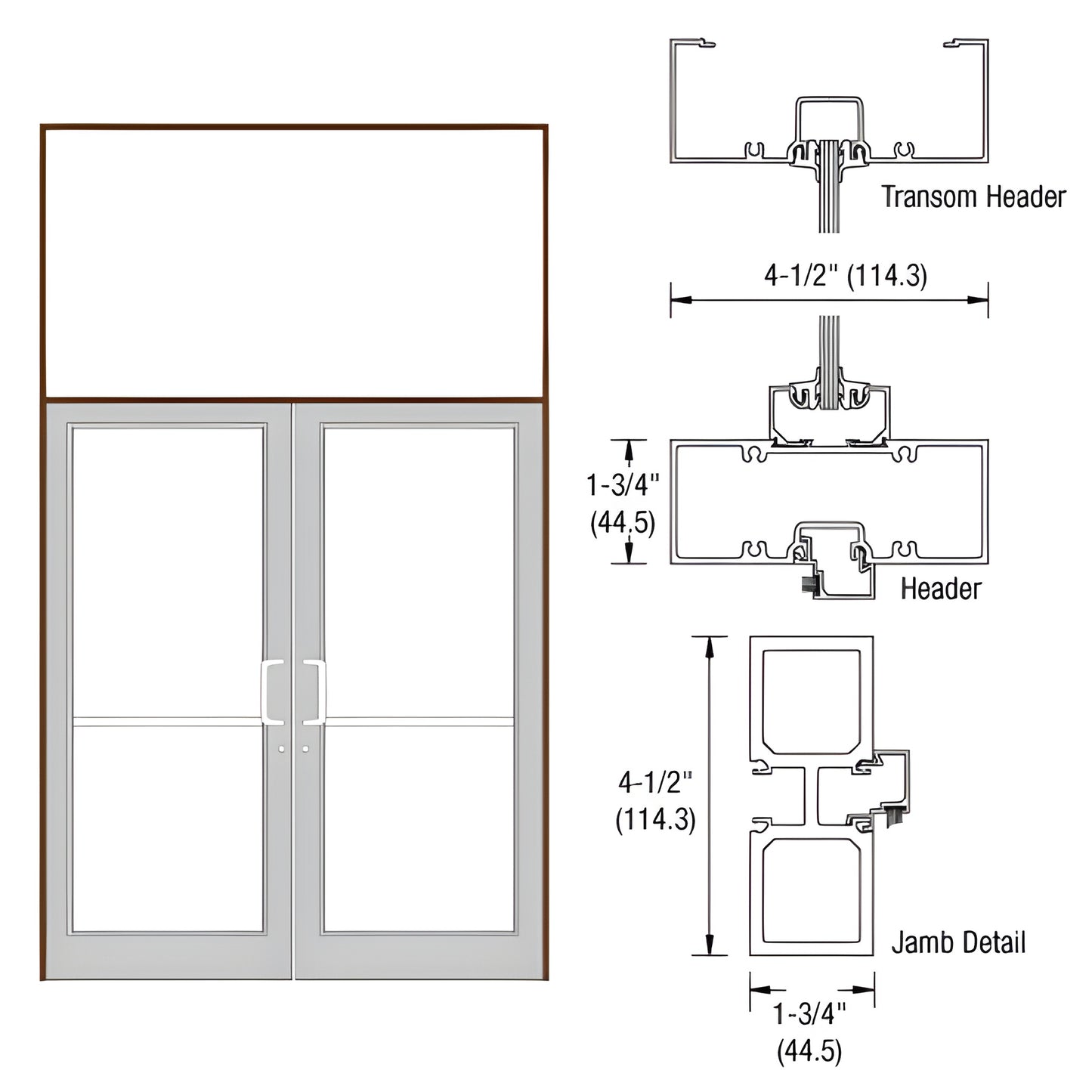 FD32822 transom frame illustration: black bronze anodized aluminum transom and double glass doors with jamb/header details.