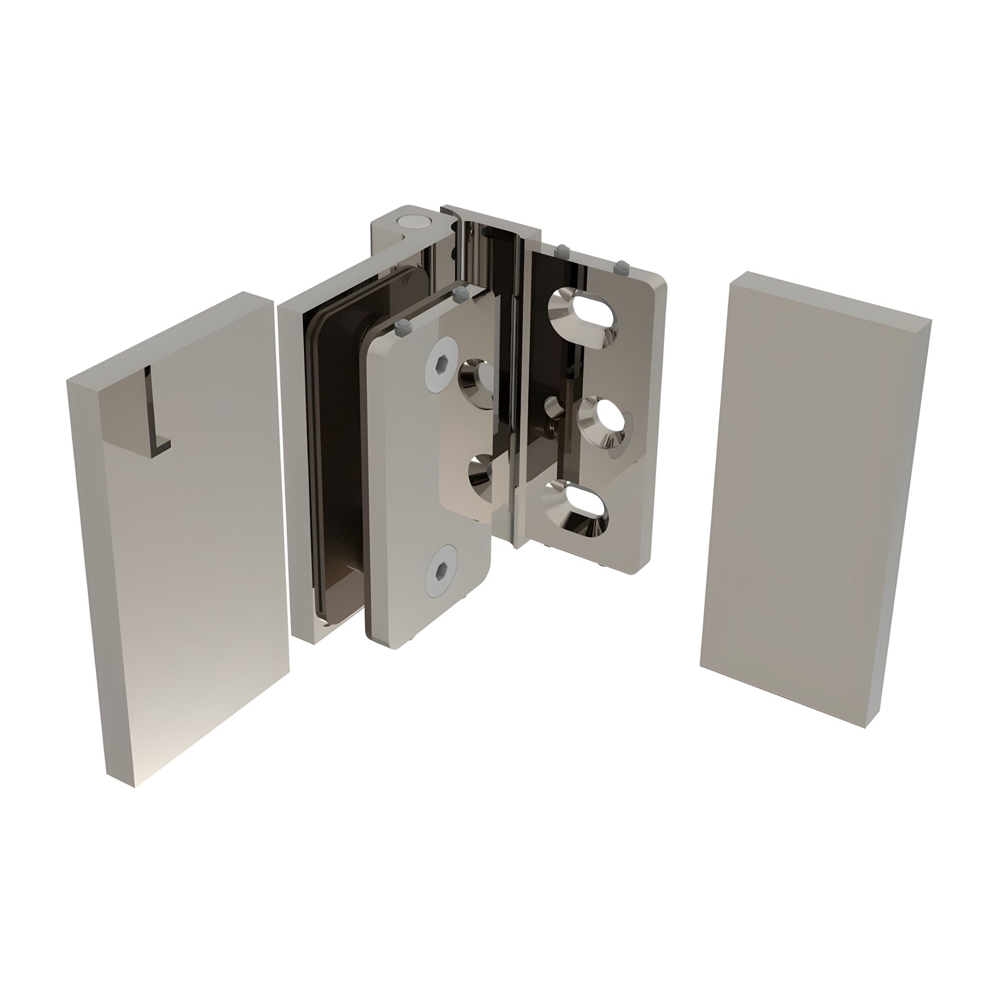Brushed-nickel Como wall-mount glass shower hinge (SKU C0M044BN), square profile for 8-10mm tempered glass, offset back plate