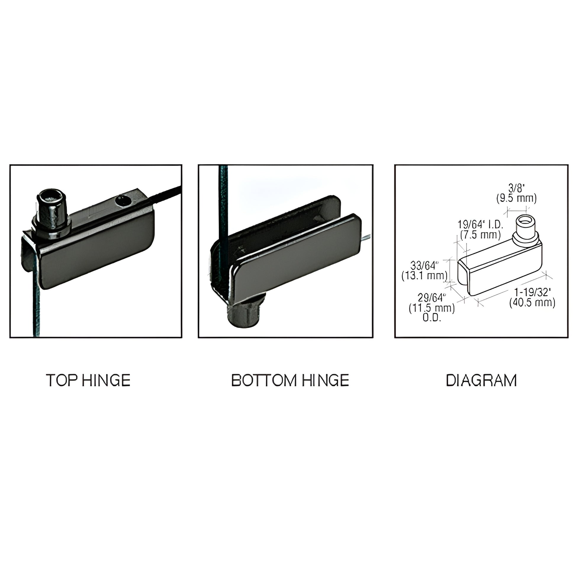GDH5BL gloss black cabinet glass hinges, top and bottom, brass/steel, fits 3/16-1/4 tempered glass, with diagram