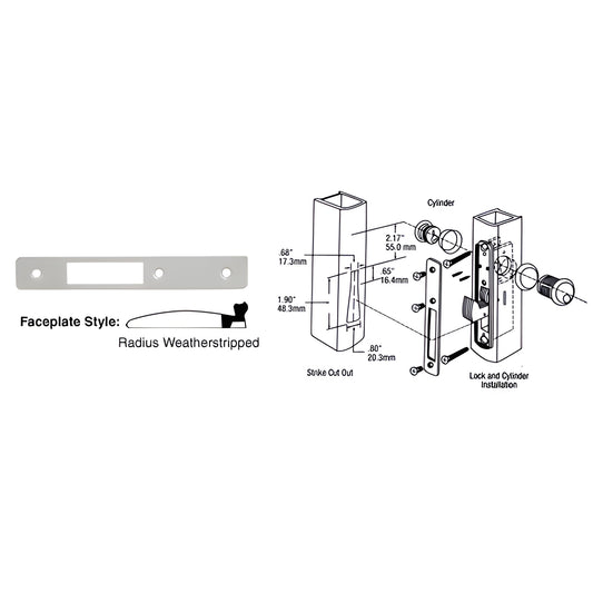 DL2133A aluminum radius weatherstripped faceplate 1" x 6-7/8" - replacement for DL2130 series deadlocks