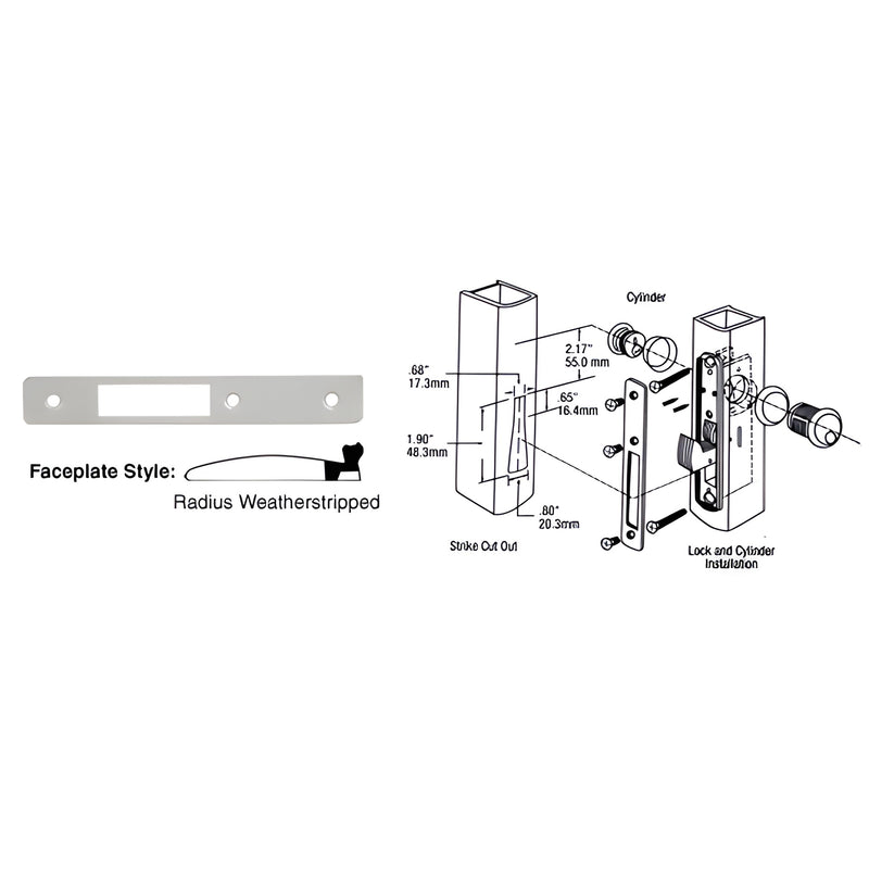 DL2133A aluminum radius weatherstripped faceplate 1" x 6-7/8" - replacement for DL2130 series deadlocks