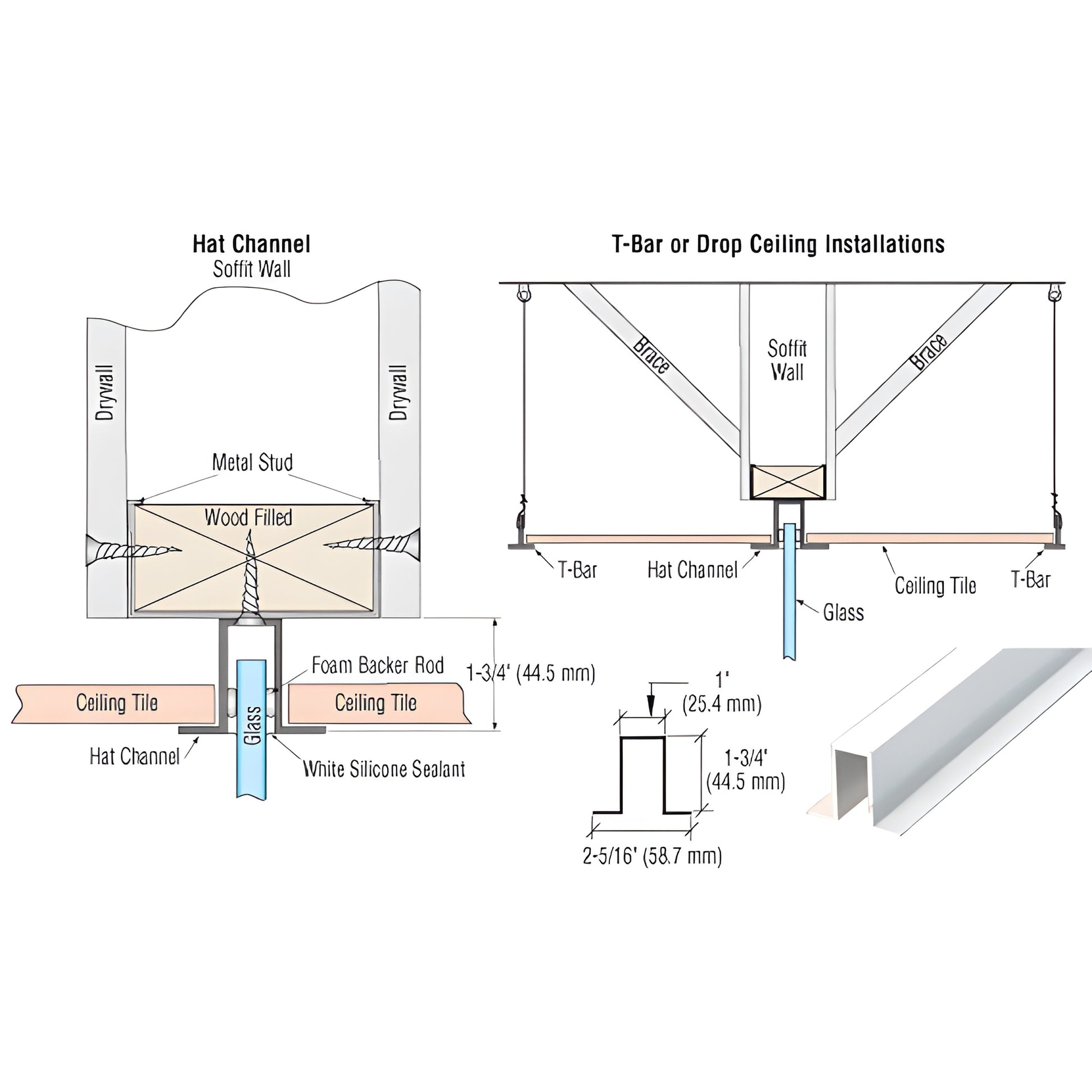 HC1WHCL gloss-white hat channel for T-bar ceilings, soffit mount, secures 3/8-1/2" glass, fits 1-3/4" T-bar spacing.