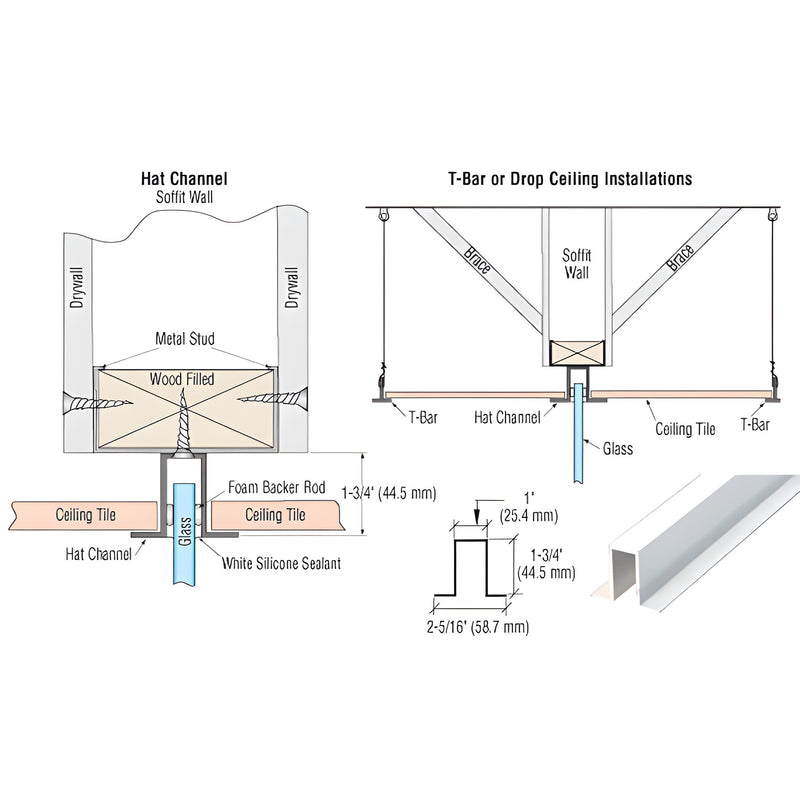 HC1WHCL gloss-white hat channel for T-bar ceilings, soffit mount, secures 3/8-1/2" glass, fits 1-3/4" T-bar spacing.