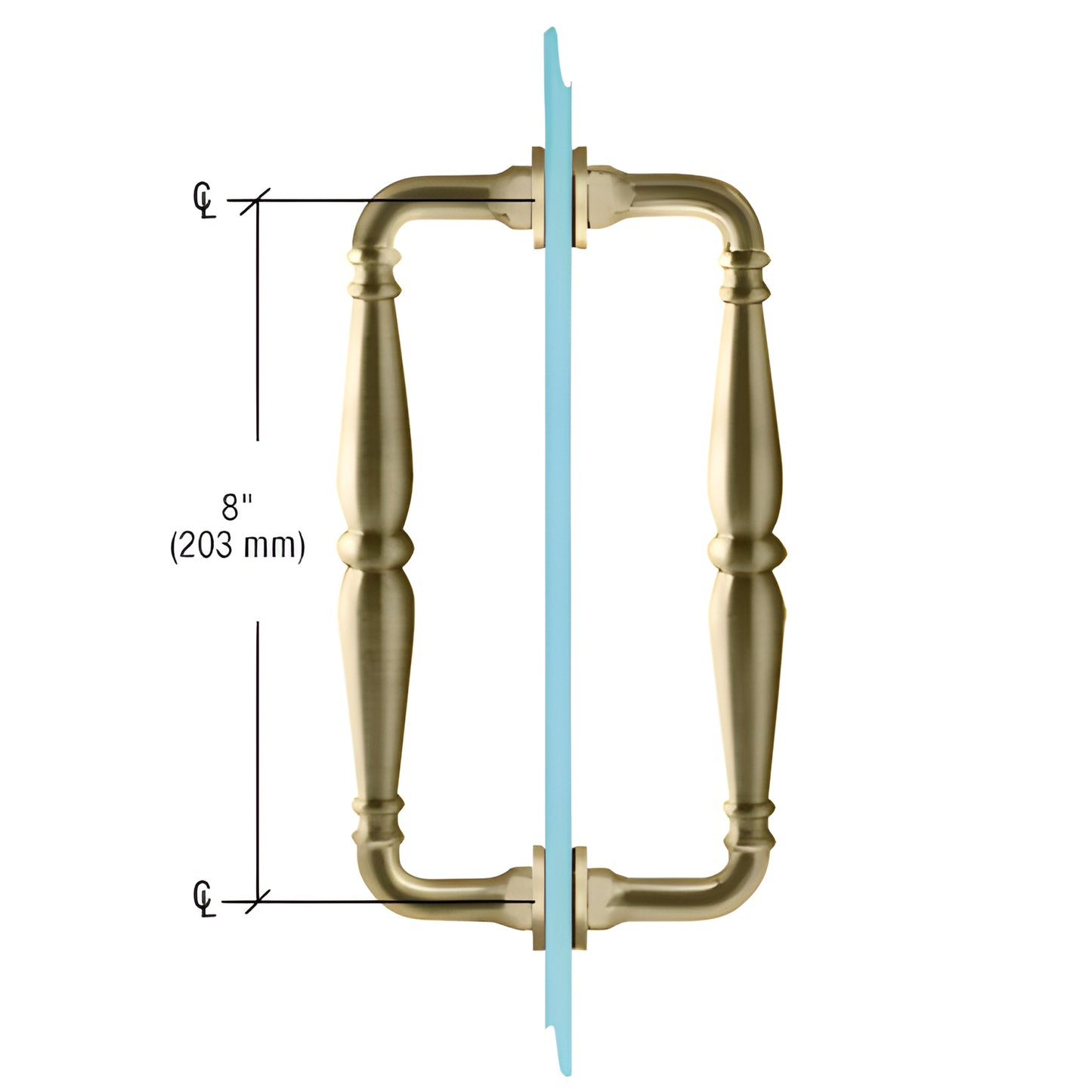 Victorian-style solid brass back-to-back shower door pull, brushed bronze, 8" c-c, fits 1/4-1/2" glass (SKU V1C8X8BBRZ)