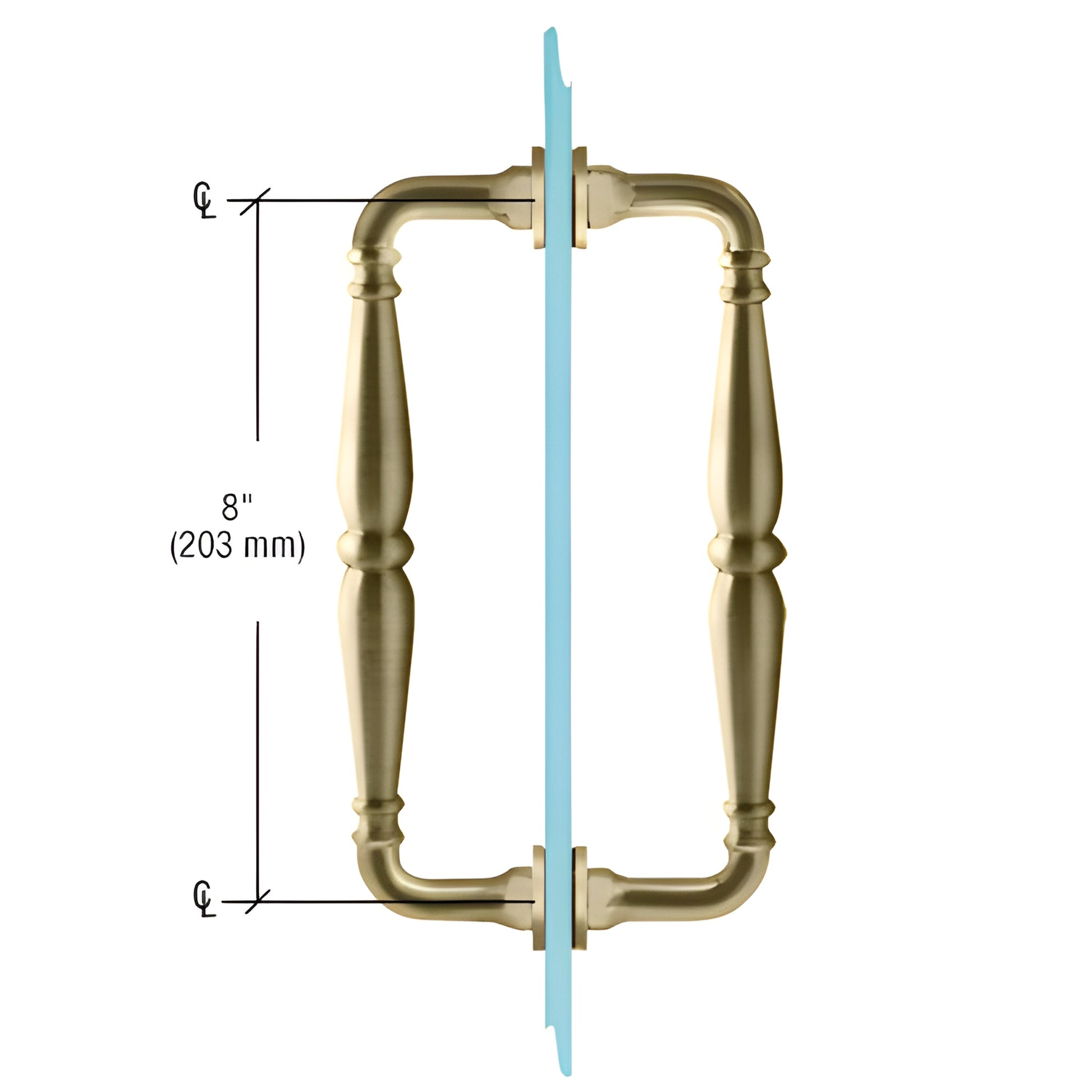 Victorian-style solid brass back-to-back shower door pull, brushed bronze, 8" c-c, fits 1/4-1/2" glass (SKU V1C8X8BBRZ)