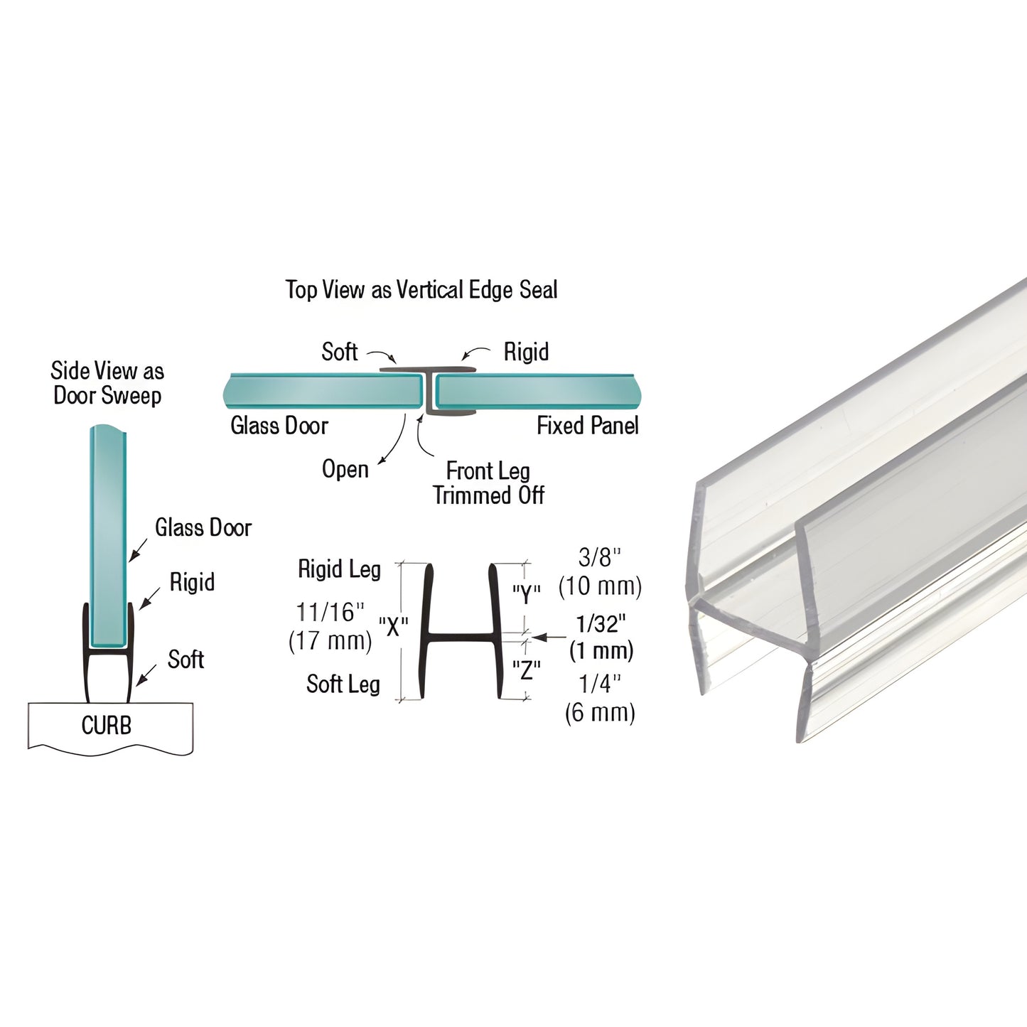 Clear polycarbonate H-shaped seal P375HW for 3/8-1/2 in glass, bottom sweep or edge seal, 95 in.