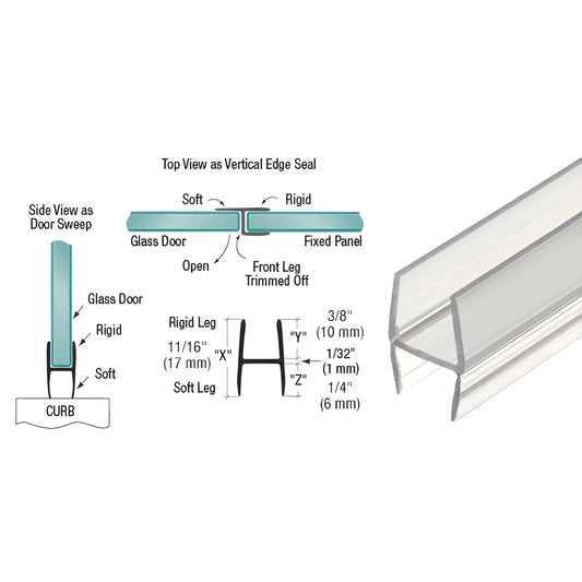Clear polycarbonate H-shaped seal P375HW for 3/8-1/2 in glass, bottom sweep or edge seal, 95 in.