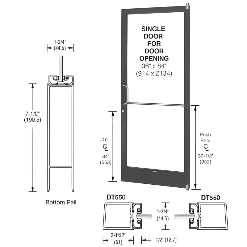 HE21222L036 black bronze anodized 7-1/2" commercial bottom rail for 1/4" or 1" tempered glass