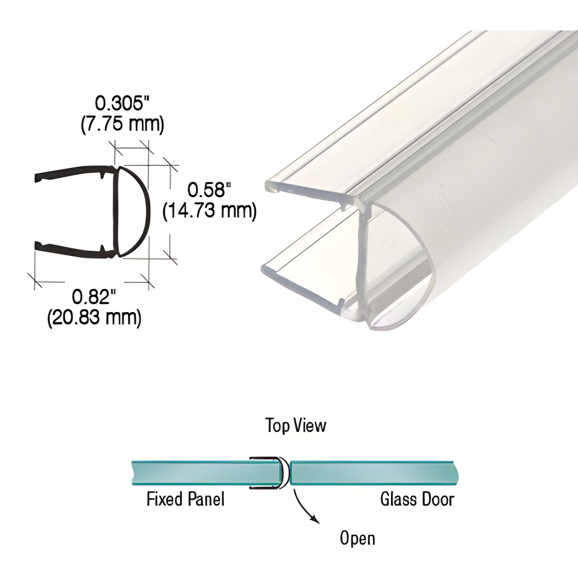 Clear polycarbonate U door edge seal with bulb, fits 3/8" glass, 95" length - PCR10
