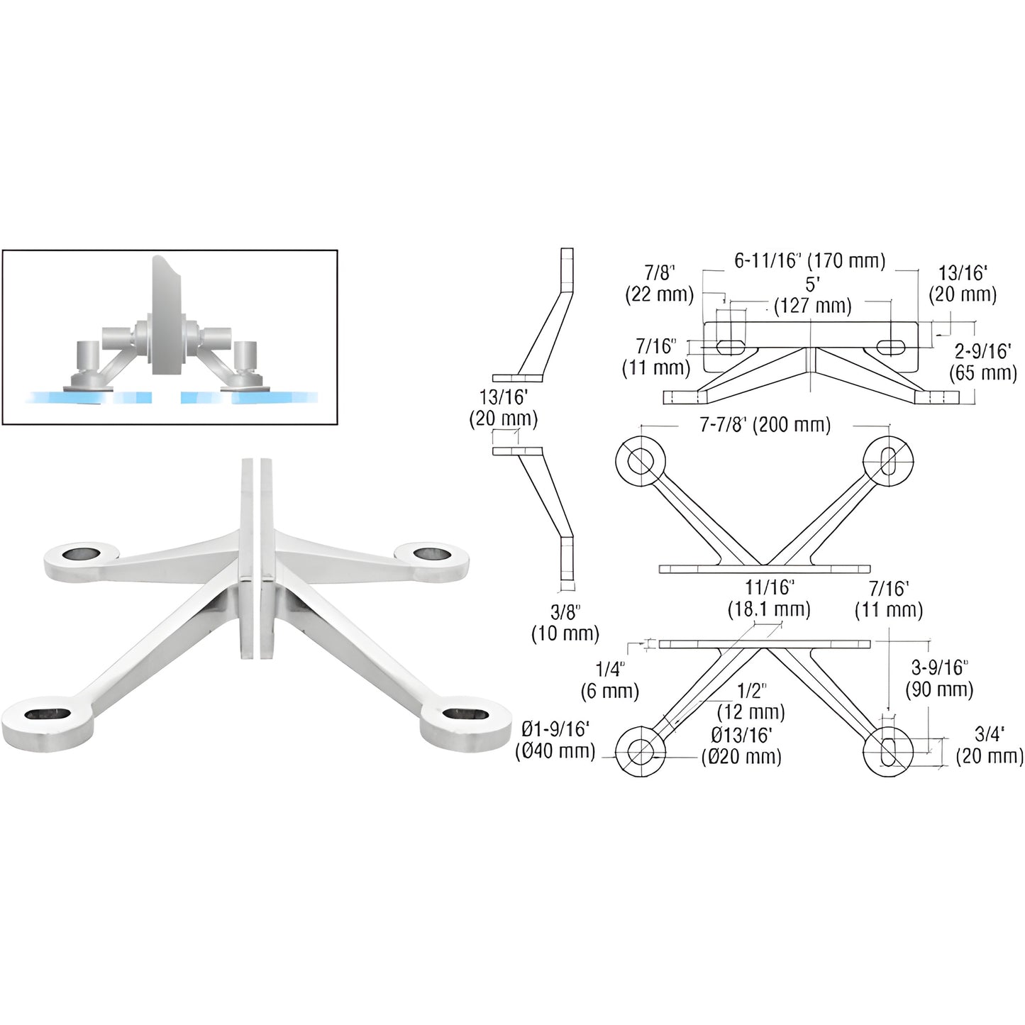CRL FMR4PS stainless steel four-arm fitting for mounting two glass panels to a center fin; for 10-13.5 mm tempered/laminated
