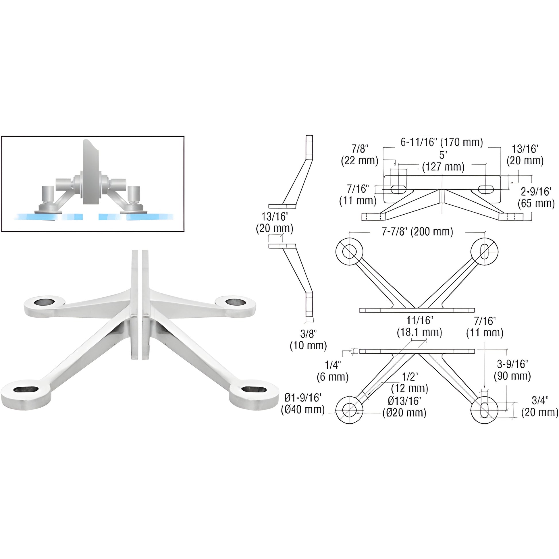 CRL FMR4PS stainless steel four-arm fitting for mounting two glass panels to a center fin; for 10-13.5 mm tempered/laminated