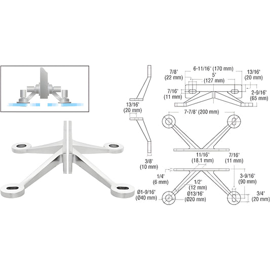 CRL FMR4PS stainless steel four-arm fitting for mounting two glass panels to a center fin; for 10-13.5 mm tempered/laminated