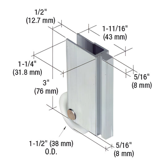 SKU N6598 adjustable aluminum-housed wardrobe nylon roller, 1-1/2 in dia, for sliding closet or mirror doors.