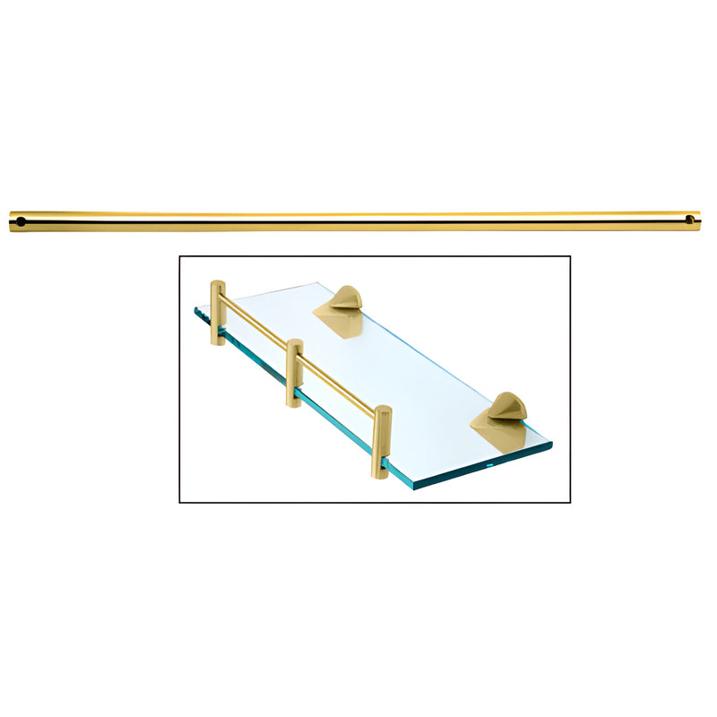 RD36BR polished brass 36in hollow shelf rod with matching brass supports for tempered glass shelves.