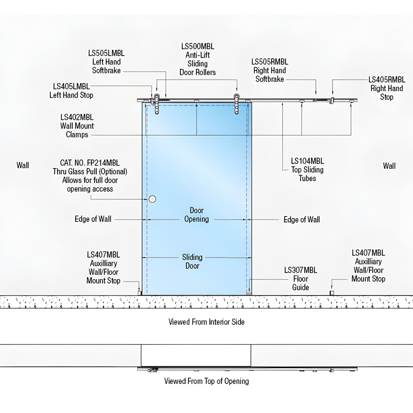 CRL Laguna wall-mount single sliding glass door kit LSWM7MBL diagram with softbrake and anti-lift rollers