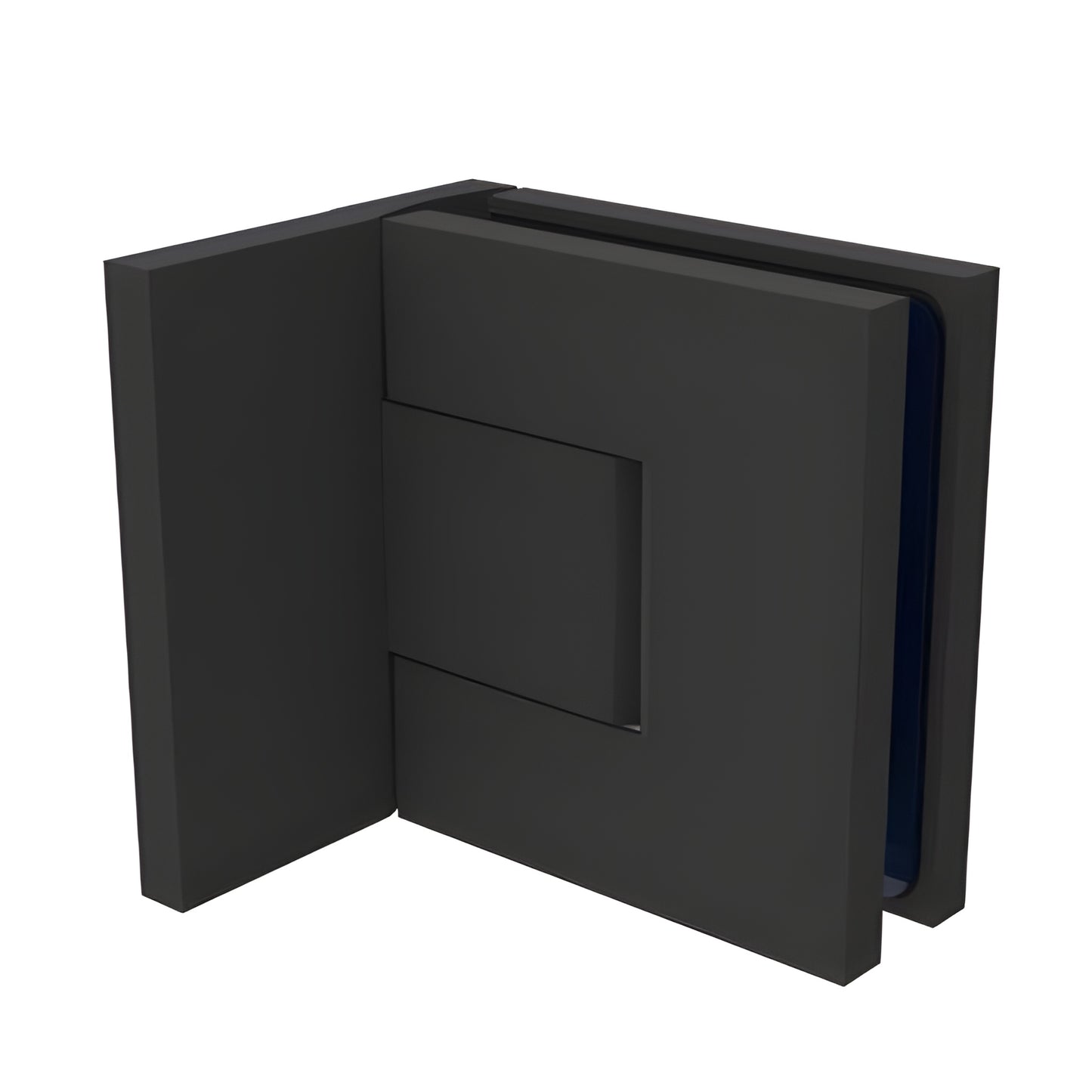BEL344MBL matte black Bellagio concealed square hinge for frameless glass shower doors, 8-10mm glass, wall-mount.