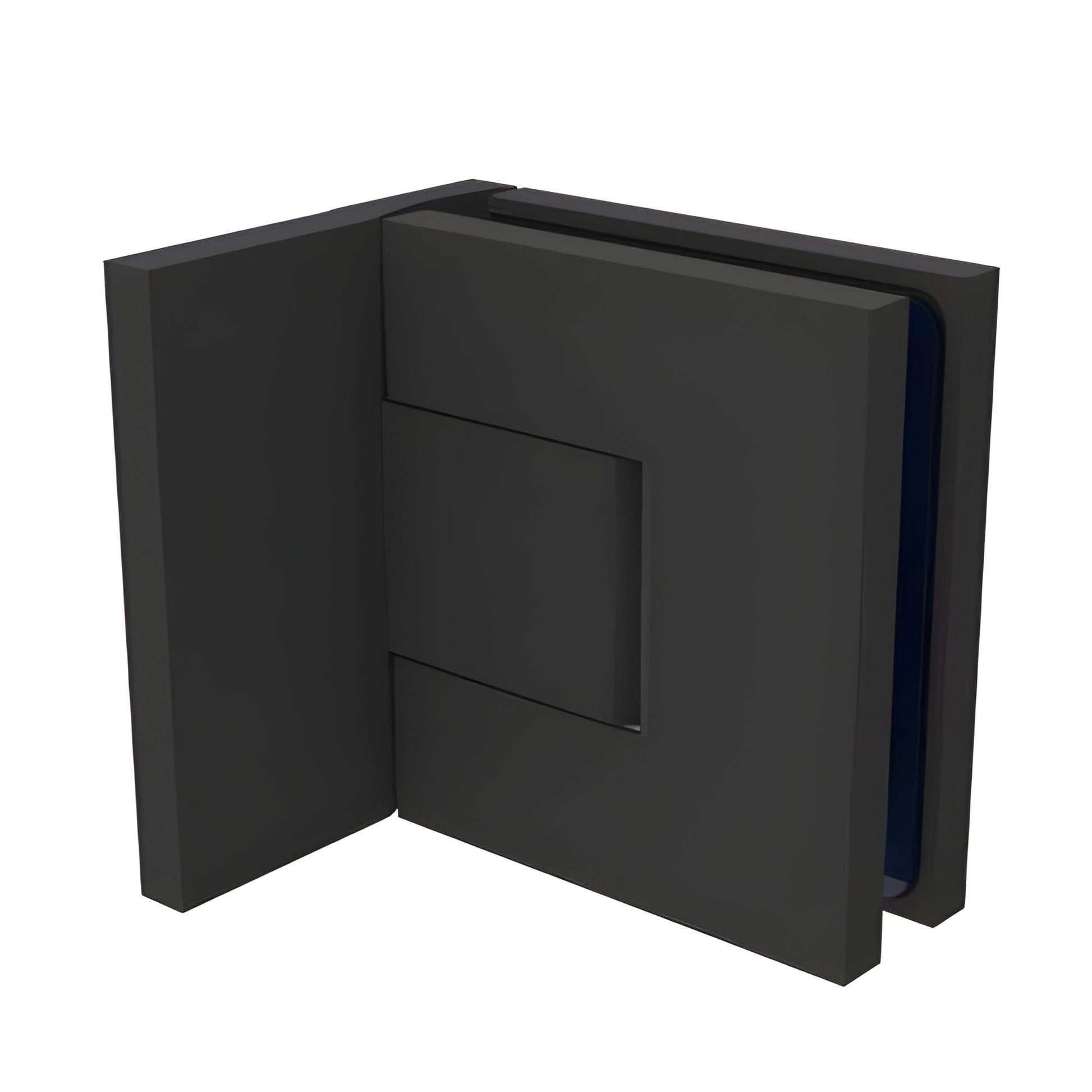 BEL344MBL matte black Bellagio concealed square hinge for frameless glass shower doors, 8-10mm glass, wall-mount.