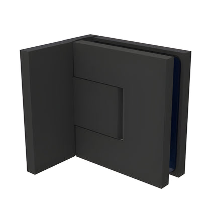 BEL344MBL matte black Bellagio concealed square hinge for frameless glass shower doors, 8-10mm glass, wall-mount.