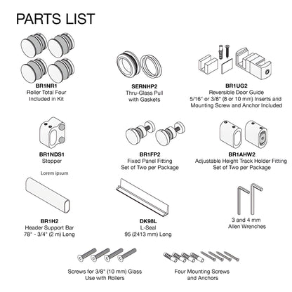Frameless sliding shower door system with polished stainless steel top rail, one sliding and one fixed glass panel (BR178PS)
