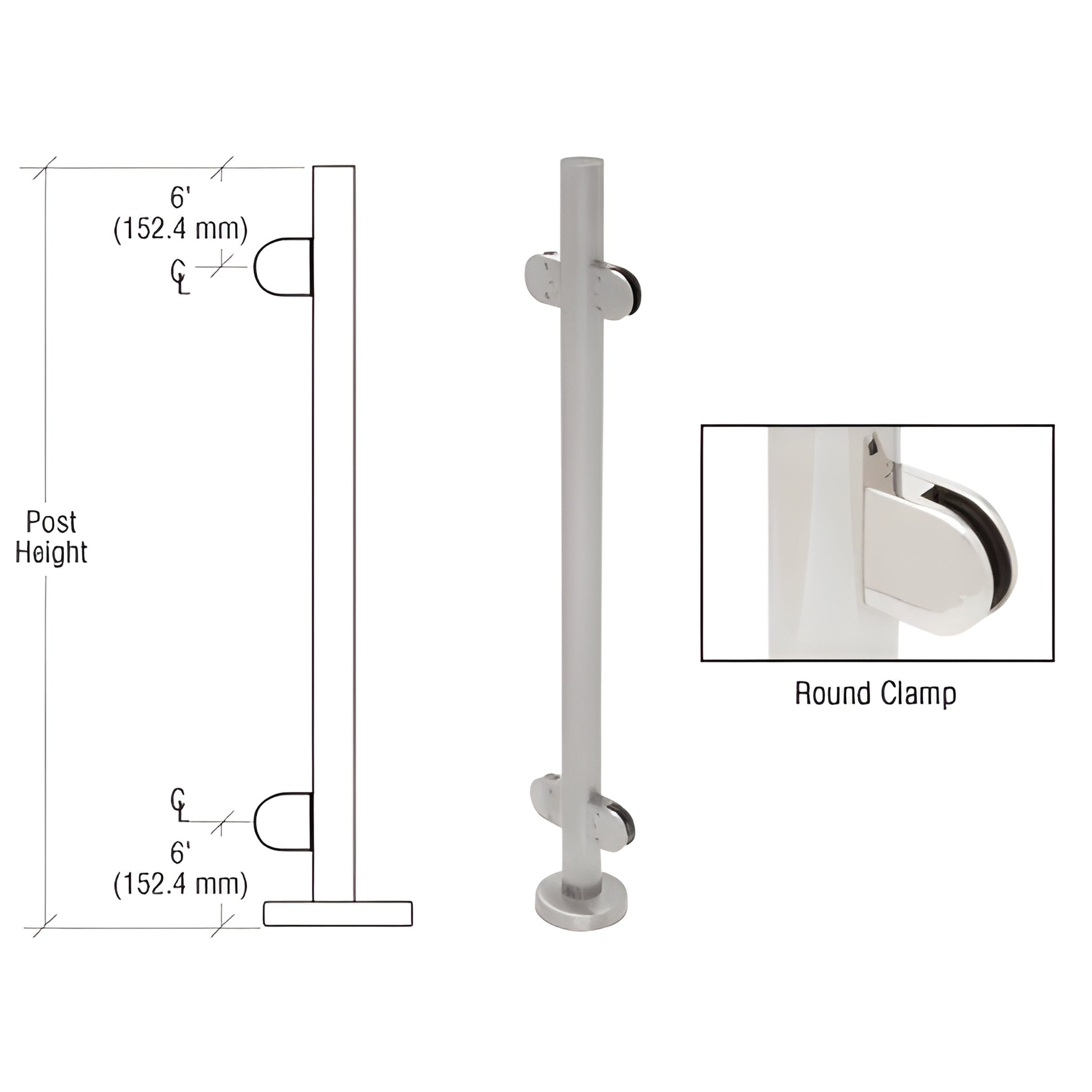 Stainless steel 1.9" round glass clamp post kit PR36CBS with base plate and round Z series clamps for 1/2" glass.