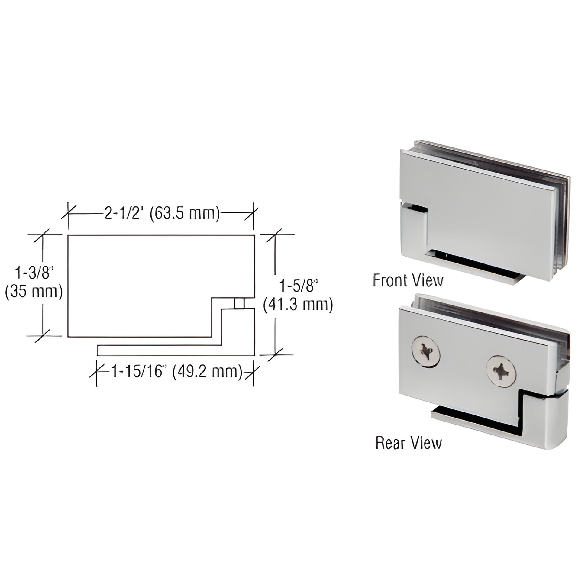 FA50BN brushed nickel surface-mount pivot hinge for 6-8mm glass cabinets, front/rear views and dimensional diagram.