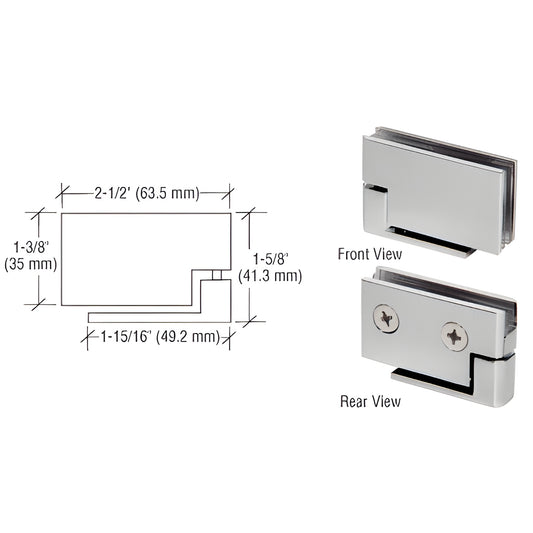 FA50BN brushed nickel surface-mount pivot hinge for 6-8mm glass cabinets, front/rear views and dimensional diagram.