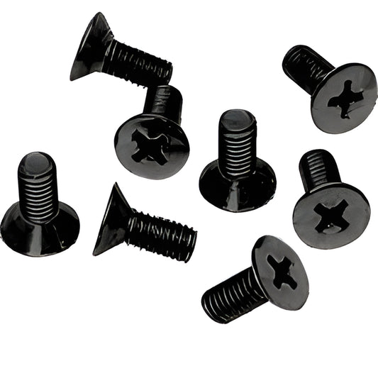 Matte black Phillips flat-head M6 6 15 mm stainless screws, pack of 8 for shower door hinge plates (SKU P615MBL)