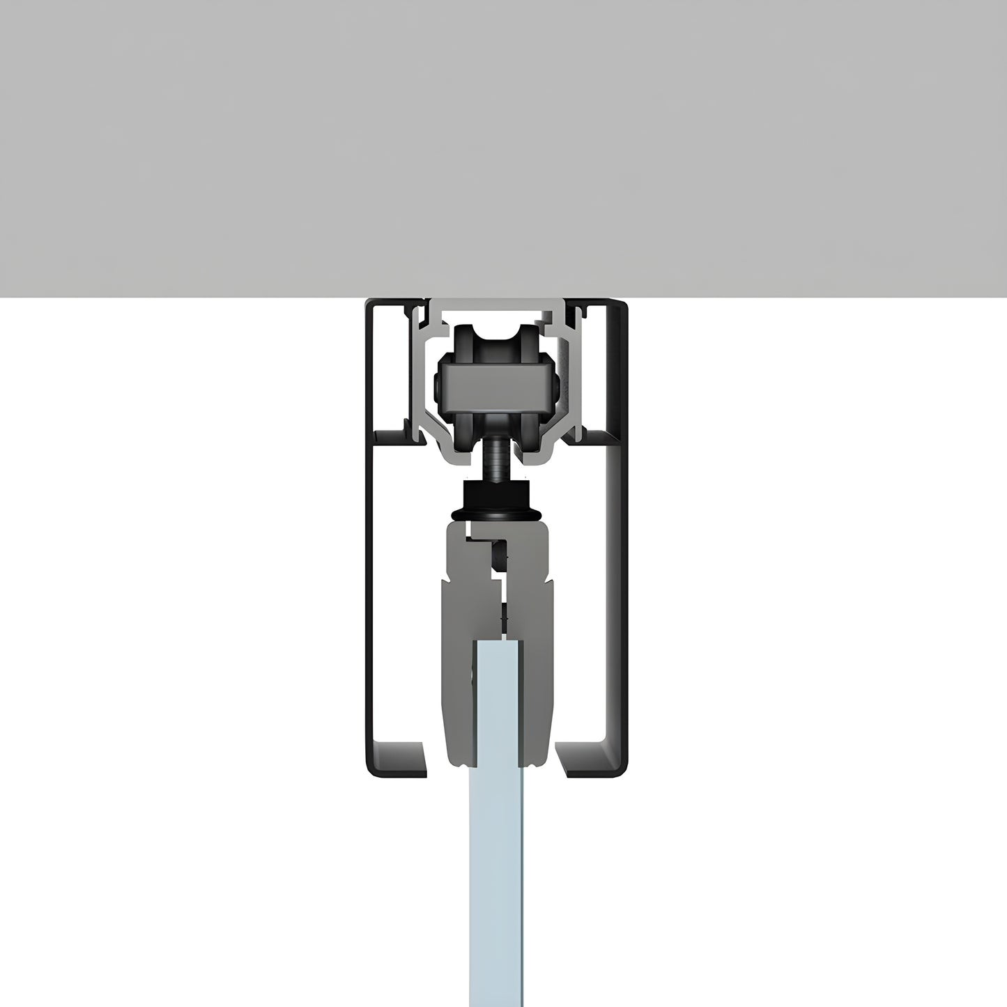 CRL50CMBL matte black structural ceiling-mounted sliding track with top-hung hardware and tempered glass panel