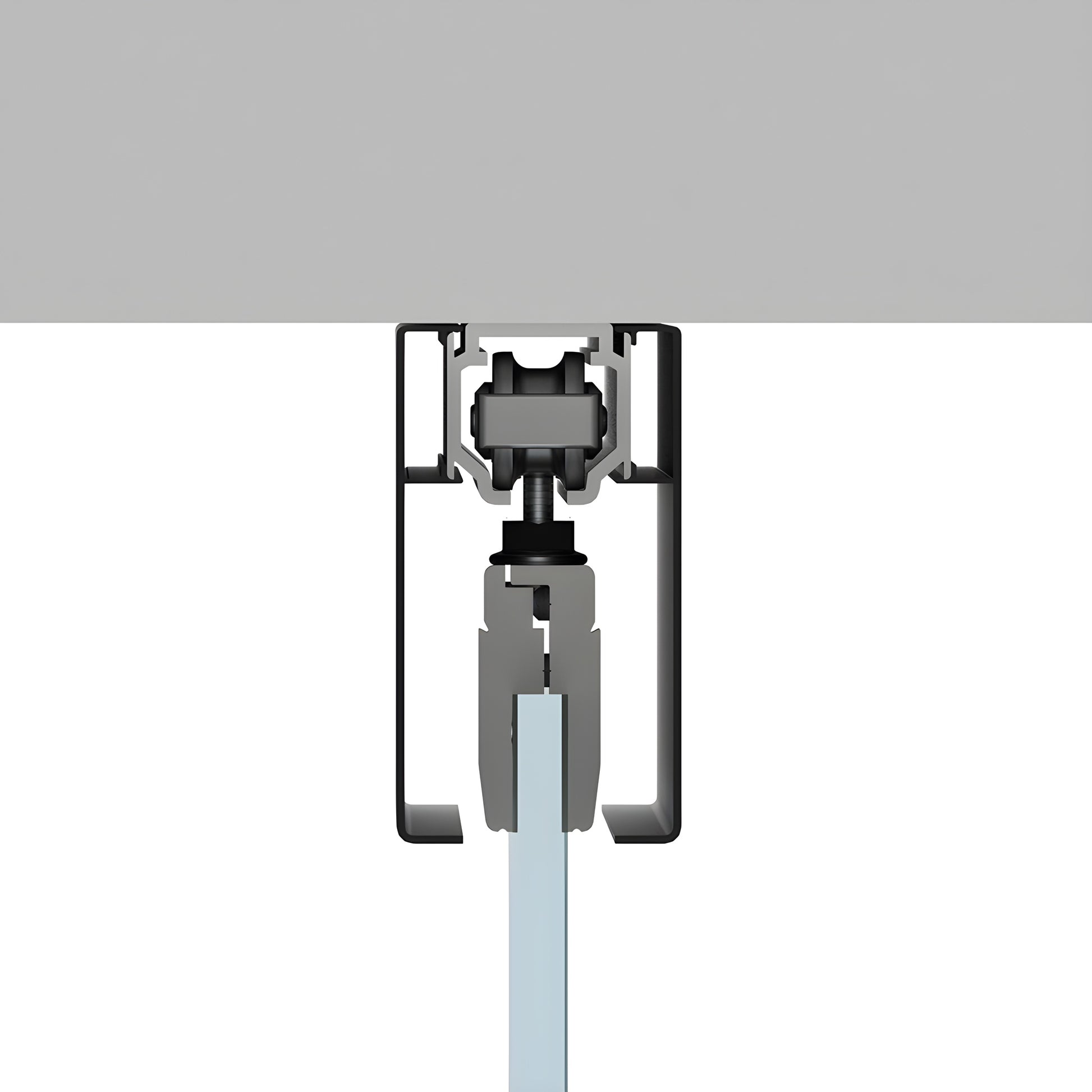 CRL50CMBL matte black structural ceiling-mounted sliding track with top-hung hardware and tempered glass panel