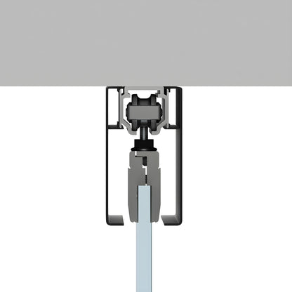 CRL50CMBL matte black structural ceiling-mounted sliding track with top-hung hardware and tempered glass panel