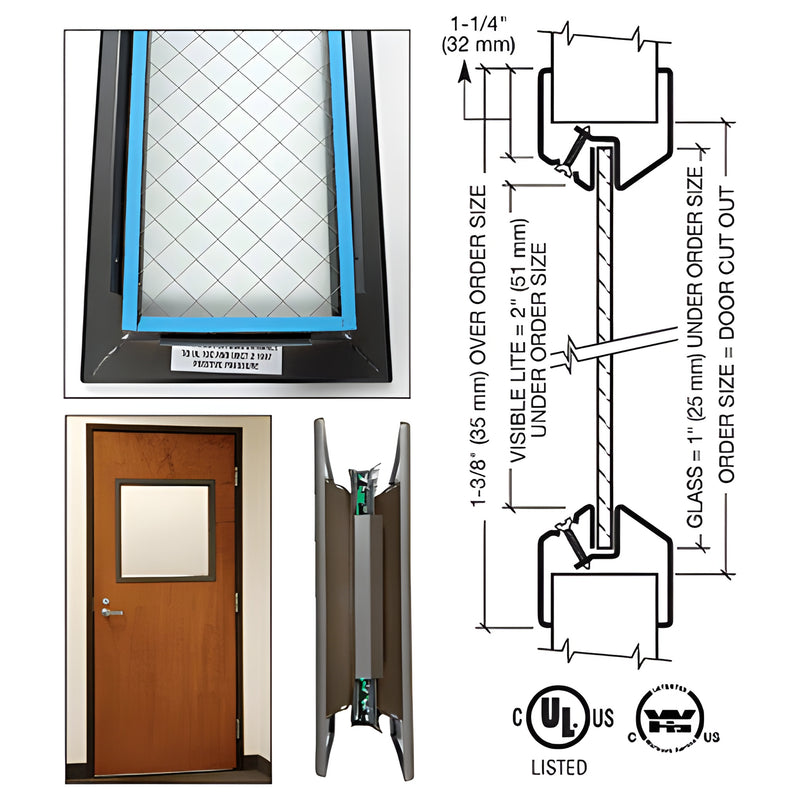 Bronze fire-rated door vision lite 6x27 with 3/4" wire-mesh safety glass, powder-coat steel frame, UL/WHI listed.