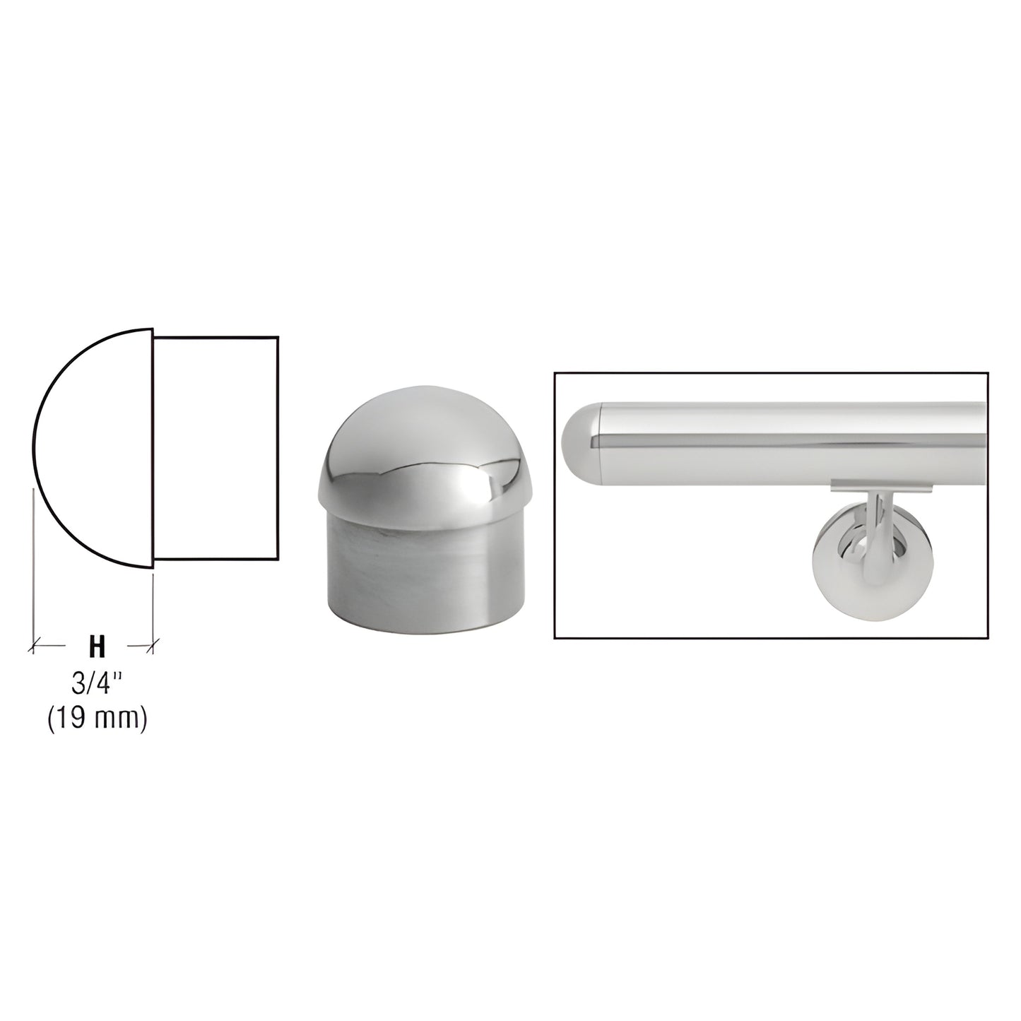 HR15DPS polished stainless steel dome end cap for 1-1/2" (38.1 mm) round tubing, slip-in, 3/4" (19 mm) height.
