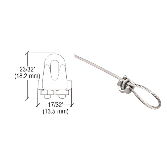 Aluminum CB118 cable loop securing clamp with looped steel cable, compact 23/32 in 17/32 in (18.2 13.5 mm)