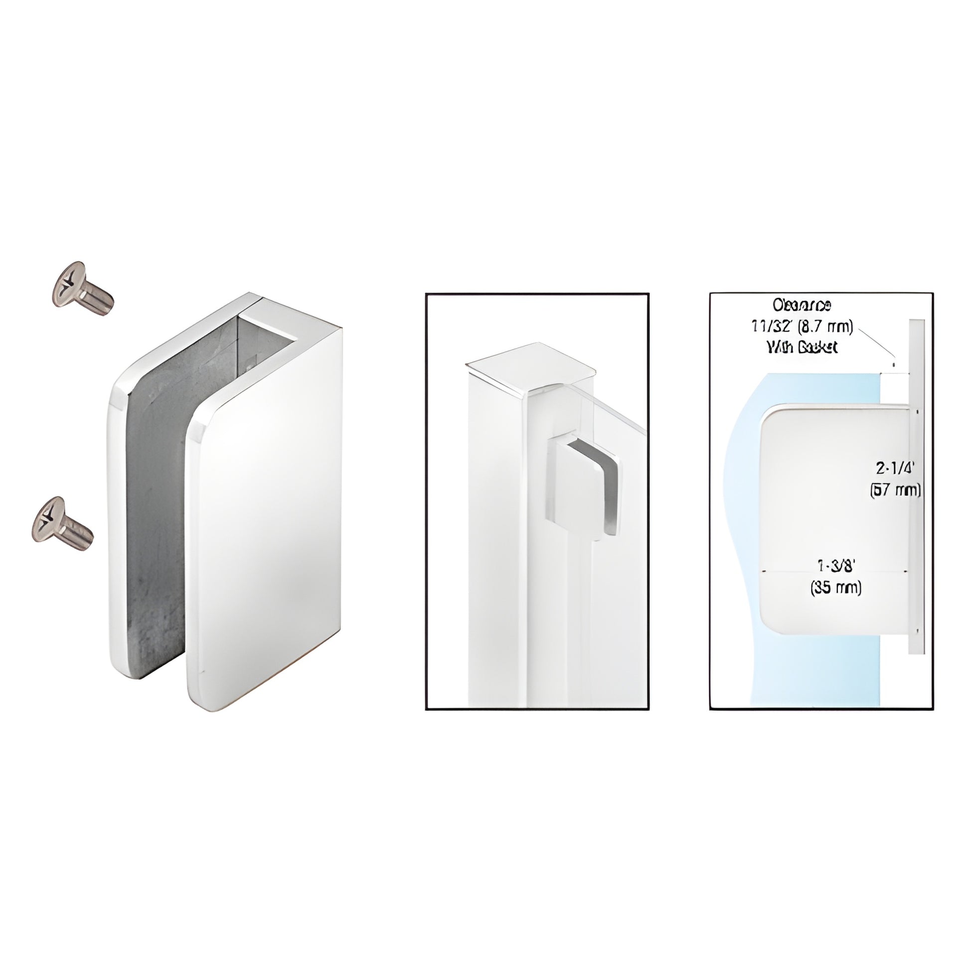 Polished stainless steel top flat-back glass clip (SKU SA94FPS) with screws, fits 1/4" tempered glass for round post mounts.