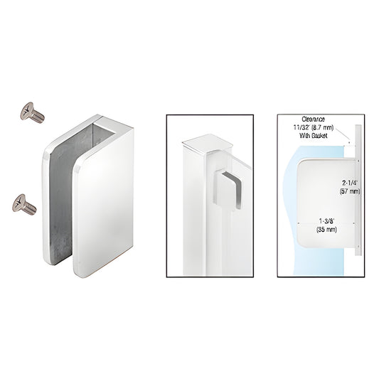 Polished stainless steel top flat-back glass clip (SKU SA94FPS) with screws, fits 1/4" tempered glass for round post mounts.