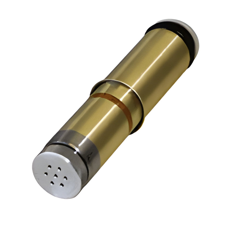 A cylindrical brass-colored plunger assembly with a silver-toned end cap featuring small ventilation holes.
