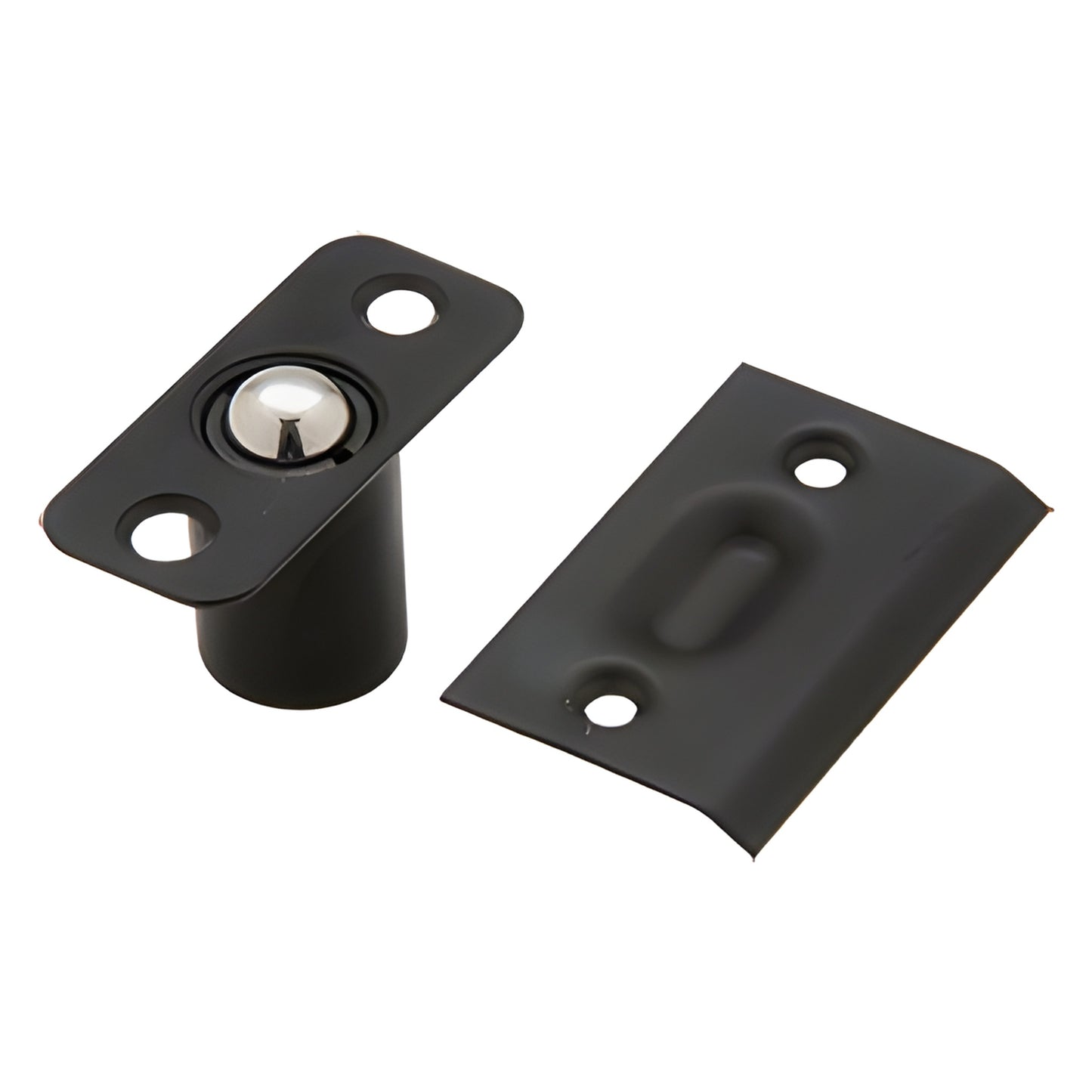 Black steel spring-loaded ball catch with strike plate and mounting holes, 1 in x 2-3/16 in (SKU 1034D)