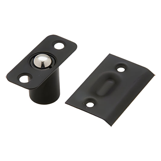 Black steel spring-loaded ball catch with strike plate and mounting holes, 1 in x 2-3/16 in (SKU 1034D)