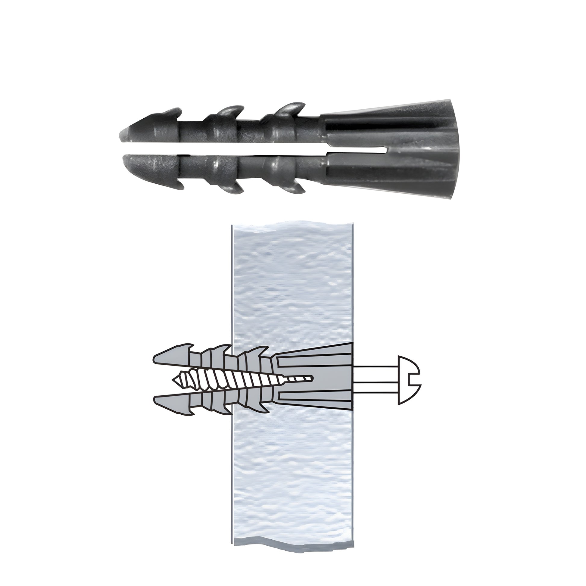 Gray P1319C plastic wall anchor, ribbed split design for concrete, block and drywall