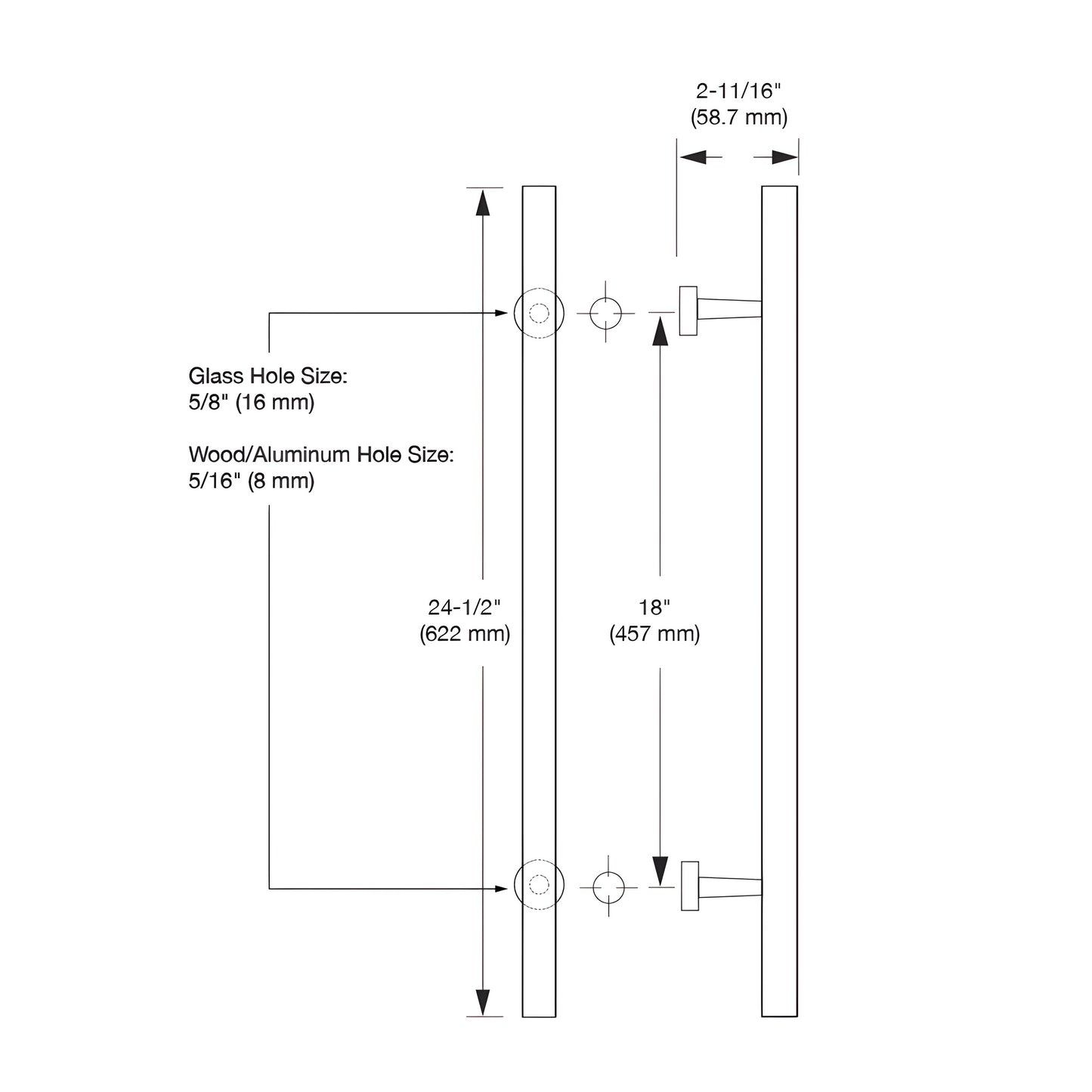 Polished brass glass-mounted ladder pull with clear acrylic semi-inserts, 18" center-to-center (SKU CA18X18BR)