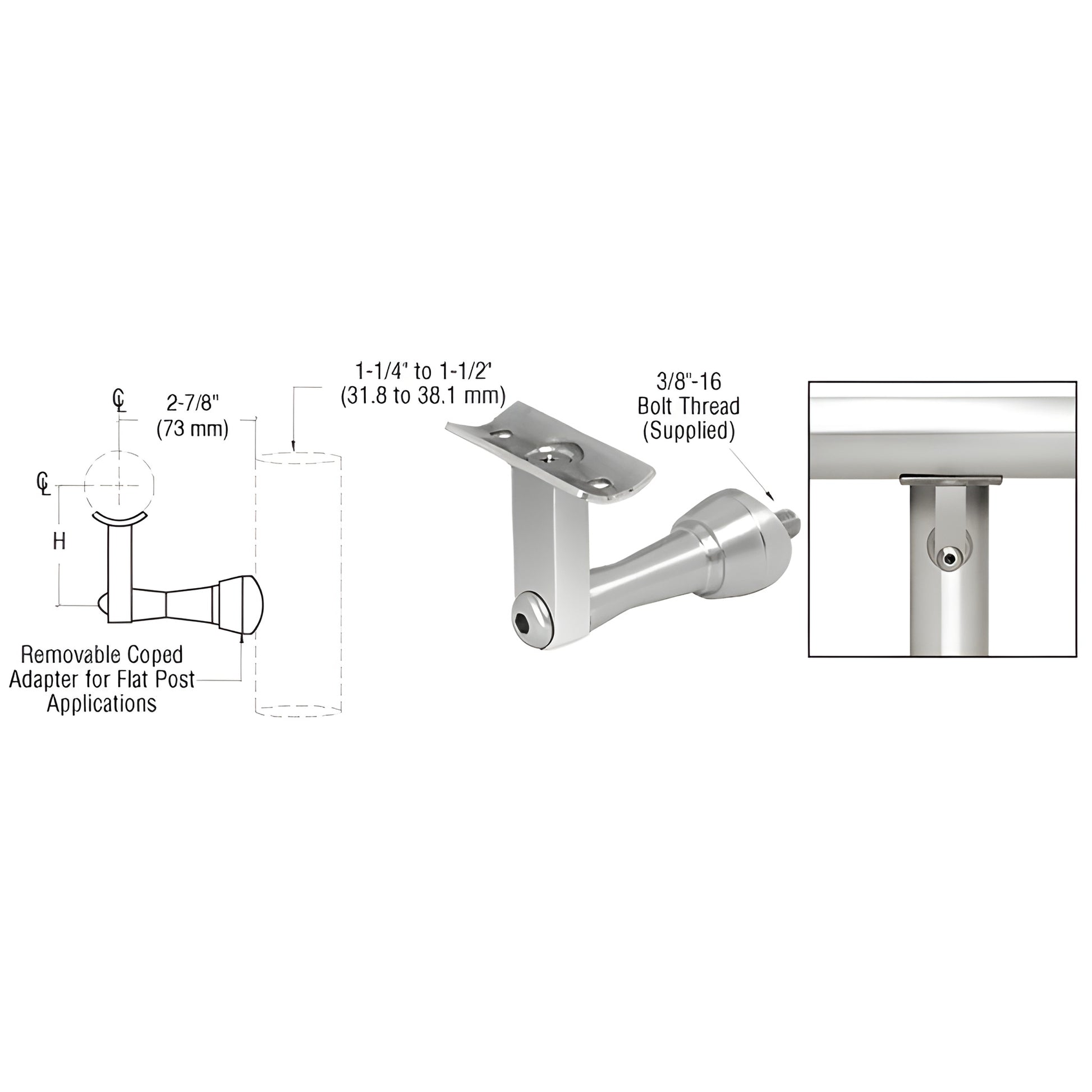 HR2SPPS stainless steel post-mounted handrail bracket, 2-7/8in projection; fits 1-1/4-1-1/2in posts and 1.5-2in tubing.